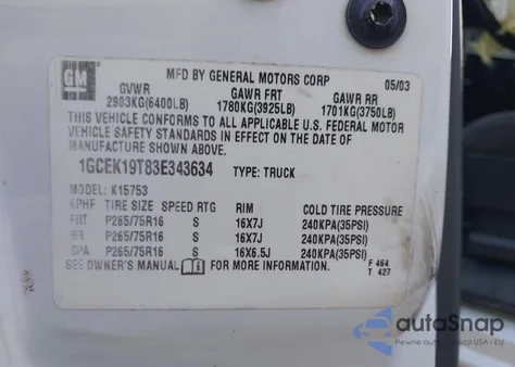 2003 Chevrolet Silverado 1500 Ls from USA, damaged, VIN 1GCEK19T83E343634